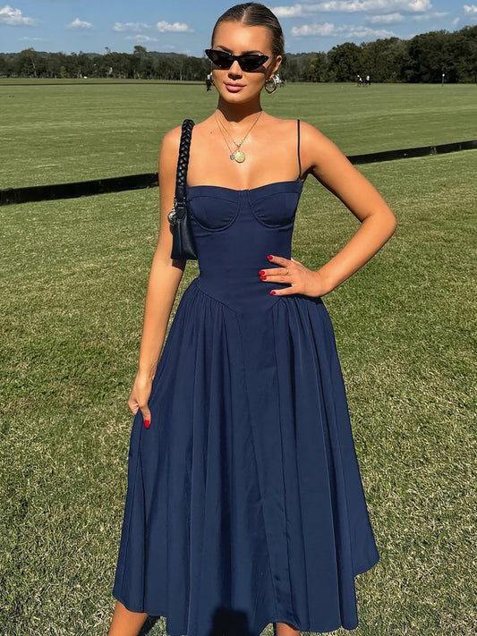 French retro solid color slip dress 2026 summer outfit royal sister waist slimming temperament over the knee long skirt for women