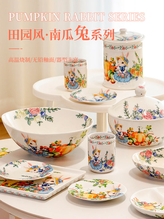 OMK Pastoral Ceramic Dinner Plate Creative Pumpkin Rabbit Flat Plate New Year's New Year New Household Cute Dish Plate Dim Sum Plate