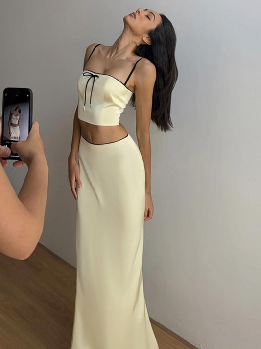 Pure lust style contrasting bow camisole top + hip fishtail skirt two-piece set hot girl fashion and versatile suit tide