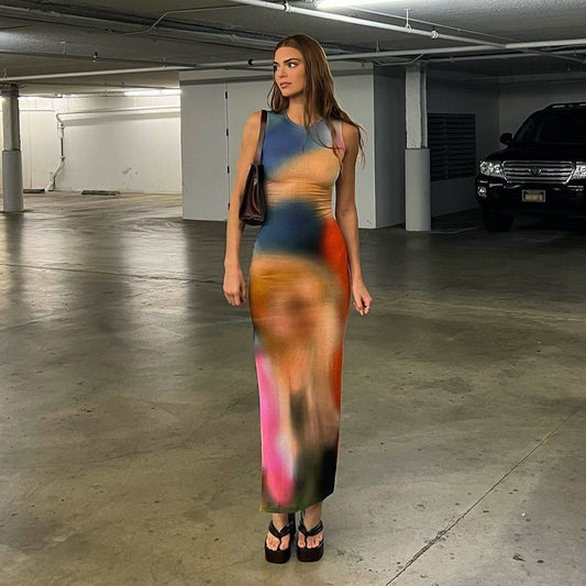 European and American ins stars with the same tie-dye design sleeveless dress summer new hot girl bag hip slit long skirt trend