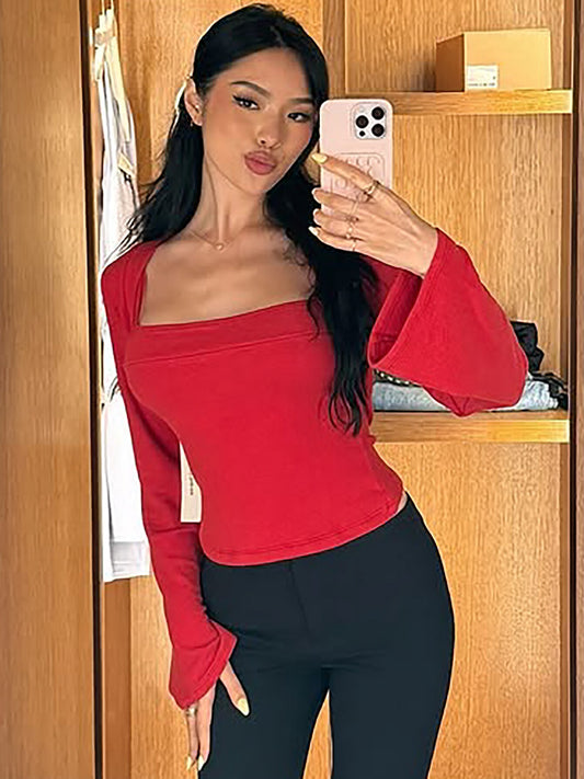 Red white temperament square neck long-sleeved top 2026 fall new hot girl slim slim and versatile short T-shirt