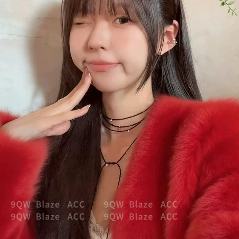 2025 new black beaded multi-loop necklace collarbone chain choker accessories Korean ins high-end multi-layered layering