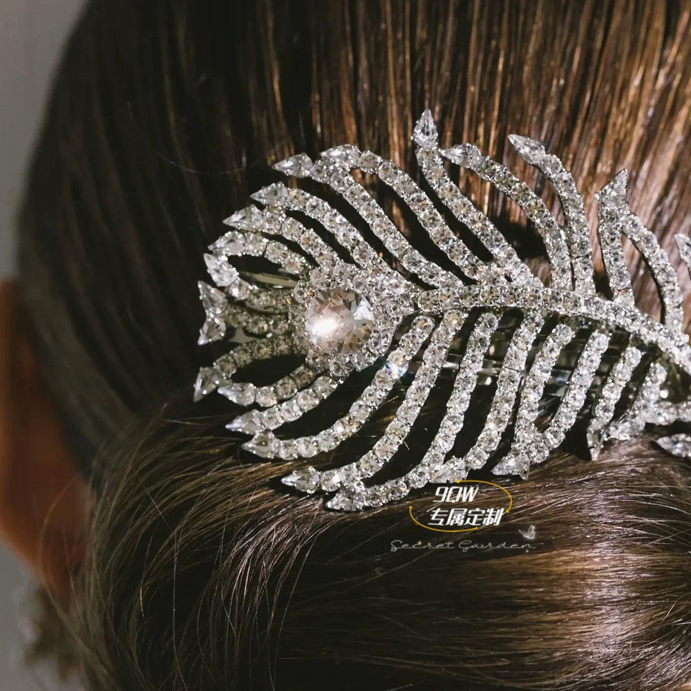 9QW flash light luxury high-end feather headdress, super fairy, high-value high-end hair accessories, elastic clip hairpin on the back of the head