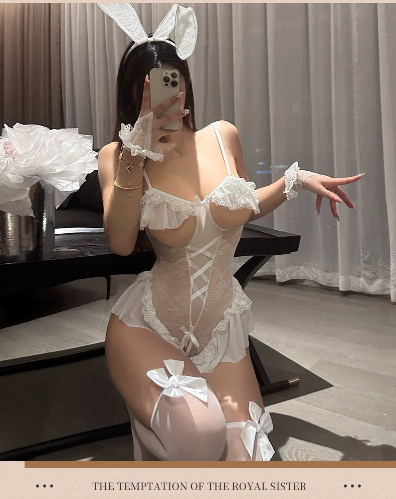Coco witch sexy hot charming hollow temptation white pure desire lace bow stockings one-piece suit girl