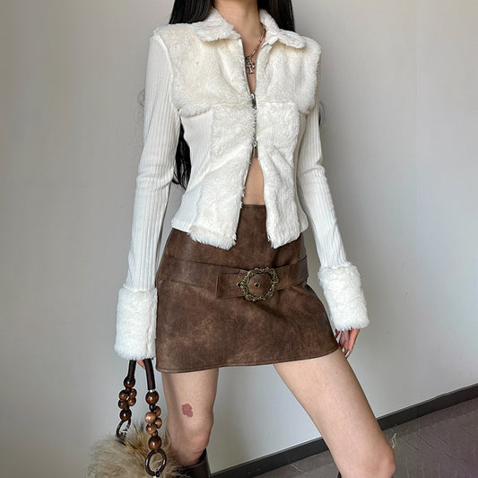 Pure desire white fur patchwork POLO collar knitted top 2026 winter hot girl slim slim short sweater