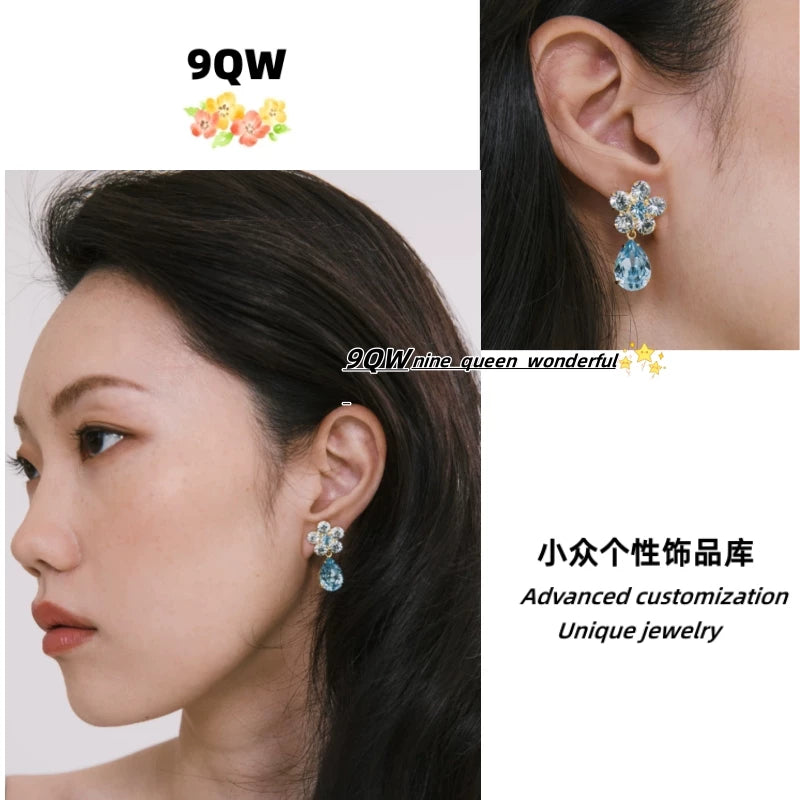 9QW self-made light luxury style spring and summer color contrast with crystal plum blossom pendant earrings women's high-end earrings