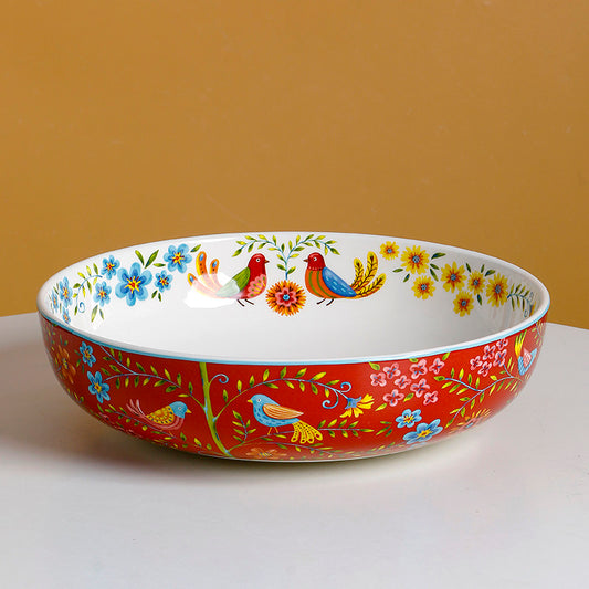 American ceramic plate, creative pastoral style, red flower and bird, round flat plate, household deep soup, vegetable plate, fruit snack plate
