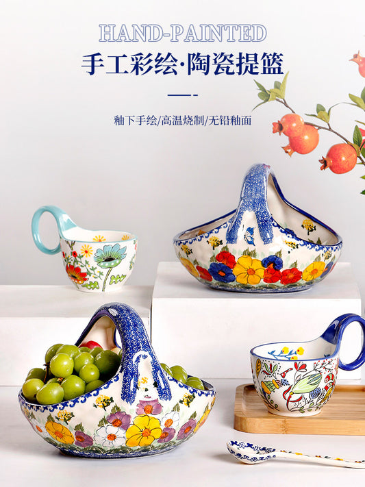 Creative ceramic hand-held fruit basket, large size high-value living room household candy snacks, fruit plate, underglaze tableware