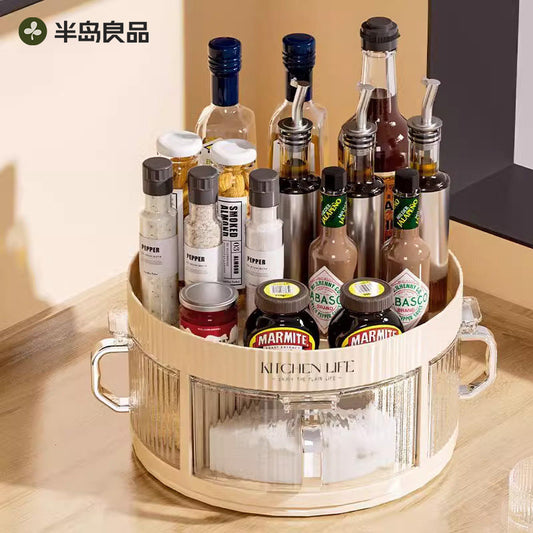 Kitchen seasoning shelf countertop oil, salt, sauce and vinegar storage, rotatable seasoning, integrated multi-compartment storage box, home use