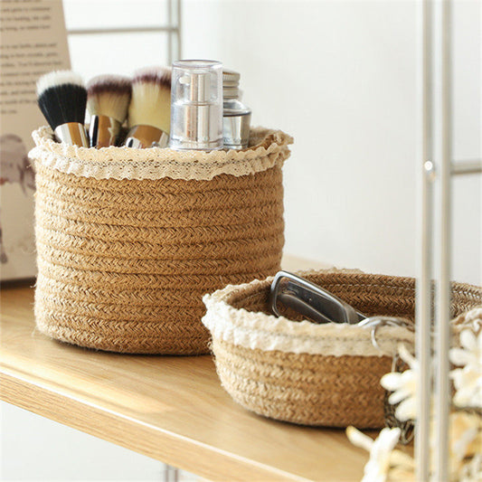 Cotton and linen woven storage basket, desktop sundries organizer basket, remote control cosmetics storage box, coffee table, entrance storage basket