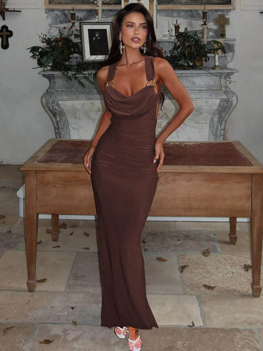 Temperament swinging neck halterneck dress 2026 summer new hot girl sexy pleated slimming hip-hugging fishtail long skirt