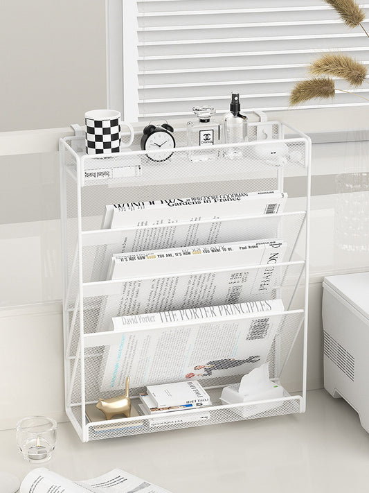 Wall-mounted multi-functional file shelf, wall wrought iron, multi-layer folder storage box, office supplies, desk document storage shelf, student stationery, information bookshelf, simple desktop, book stand, magazine shelf