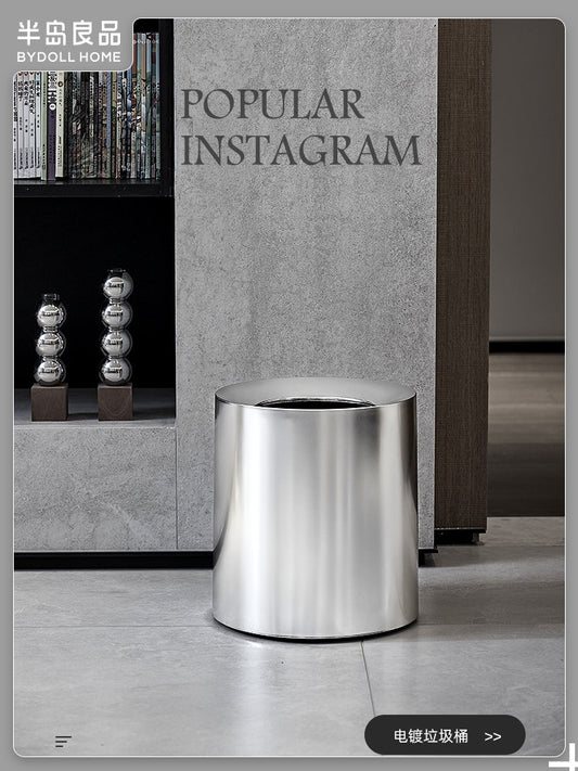 Model room, garbage can, home kitchen, living room, bedroom, toilet, large capacity, creative, light luxury, metal, silver, paper basket, bucket