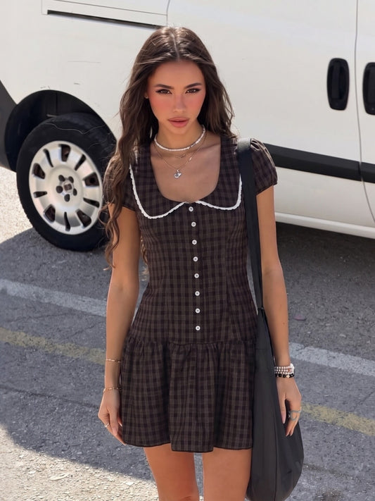 American retro plaid lapel waist dress summer new preppy hot girl slim slimming A-line skirt