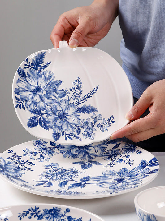 OMK creative blue and white blue ceramic tableware personalized new Chinese restaurant dinner plate bowl combination glazed color household dish plate