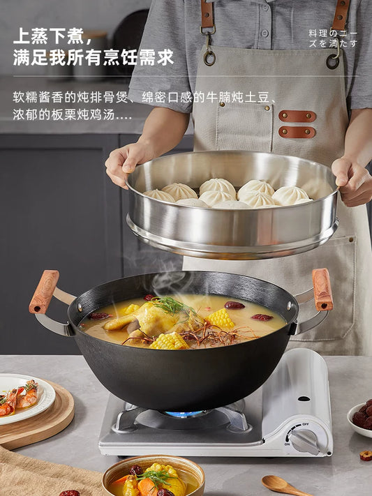 Nitriding stainless steel deepening and thickening cast iron pot for household Chinese pan-bottom stir-frying, stewing, steaming, mostly use uncoated high-purity iron pot