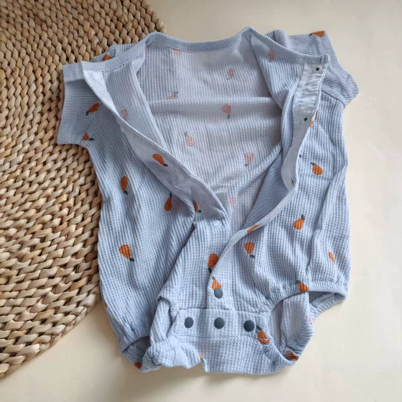 Daily single baby summer waffle sleeveless jumpsuit baby thin breathable front open bag fart clothes crawling clothes 60-70