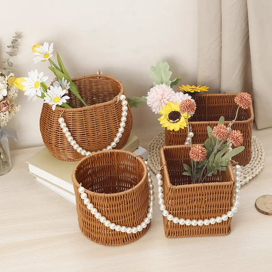 Household flower storage, rattan basket, wooden strip weaving, decorative flower arrangement basket, miscellaneous supplies, creative supplies, small flower basket, dirty laundry basket