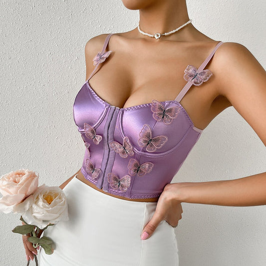 Sexy hot temptation purple French embroidery butterfly girl European and American steel support gathered under suspender bra underwear