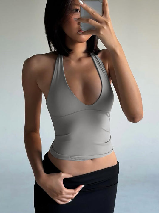 American retro simple V-neck halterneck strappy vest 2026 summer new hot girl slim slim short T-shirt trend
