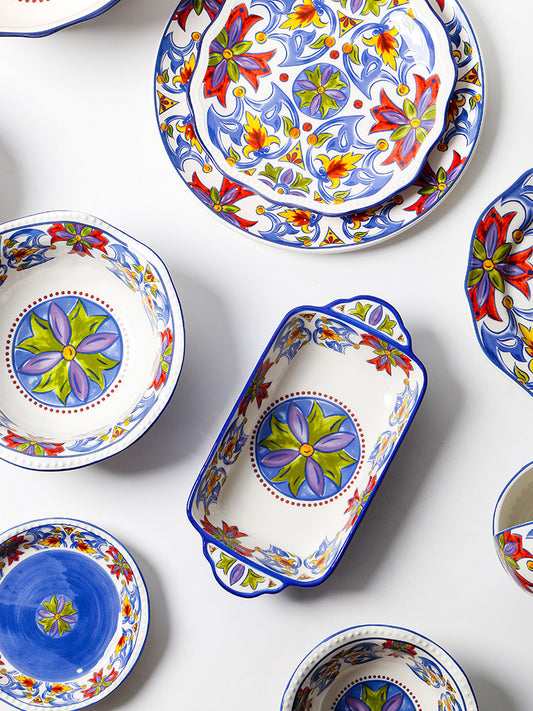 European Ceramic Tableware Blue Western Pizza Flat Plate Creative Lace Hand Painted Salad Bowl Household Rice Bowl Deep Dish