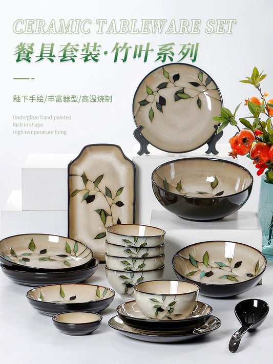 OMK Creative Hand Painted Bamboo Leaf Ceramic Bowl Vintage Underglaze Color Rice Bowl Soup Plate Home Tableware Set Gift