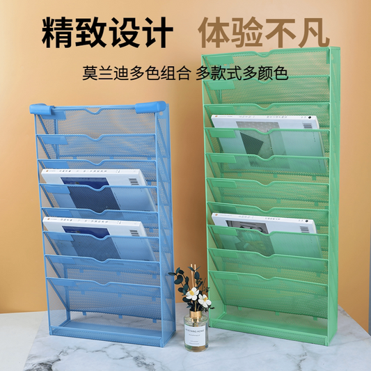 Desktop file storage shelves, tableside storage boxes, multi-layer shelves, office desktops, floor-to-wall file storage shelves, bookshelves, wall-mounted office folder storage, hierarchical file shelves