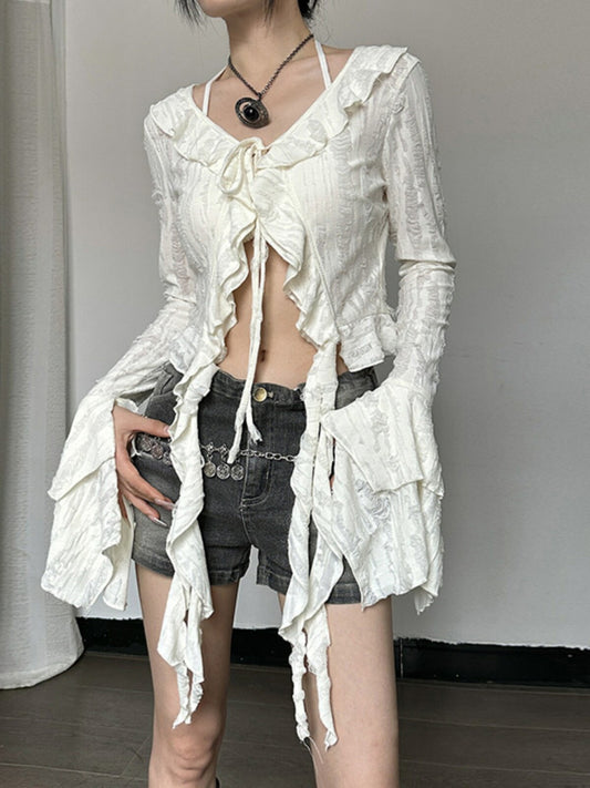 American retro distressed hole design V-neck long-sleeved cardigan 2026 fall new pure desire hot girl streamer top