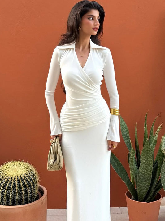 High-end V-neck temperament pleated waist flared sleeves long sleeve dress new autumn banquet mermaid long skirt