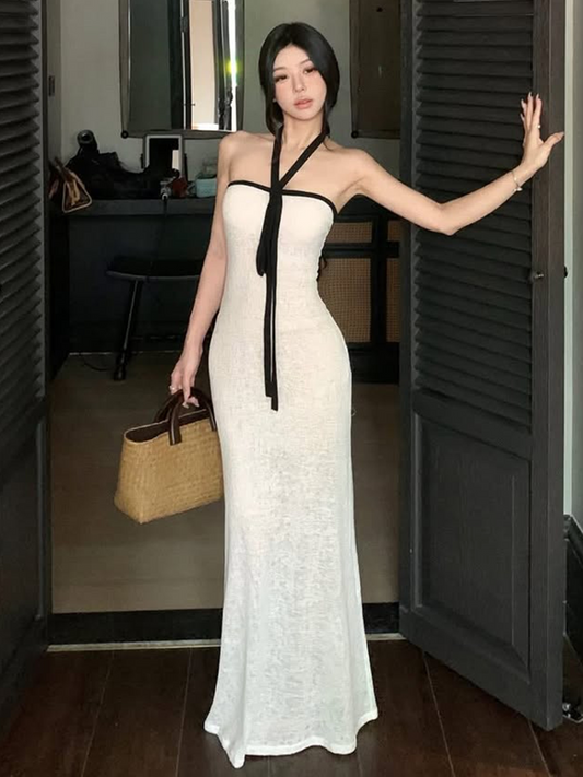 Resort style color-blocking bandeau dress + streamers 2026 summer new hot girl slim slimming mermaid long skirt female