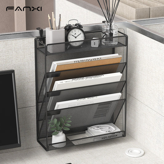 Wall-mounted multifunctional file rack wall metal multi-layer folder storage box office supplies desktop stationery data storage rack student bookshelf simple desk book stand magazine rack