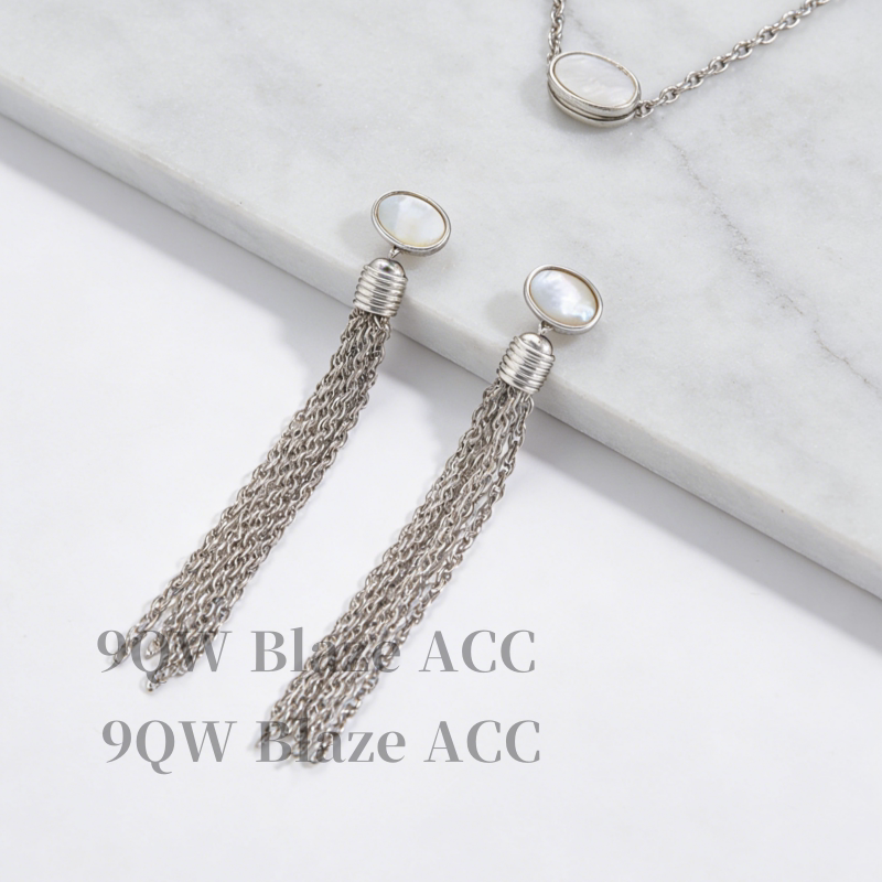 Metal, natural shell, inlaid tassel earrings, showing face, small square and round face, silver temperament, versatile, high-end sense female niche