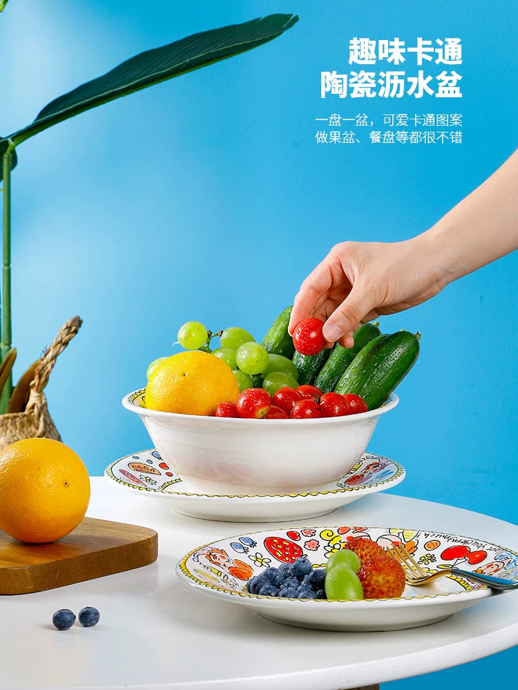 OMK Creative Ceramic Fruit Bowl High Value Strawberry Bowl Home Living Room Fruit Tray Drainer Set Cute Cartoon