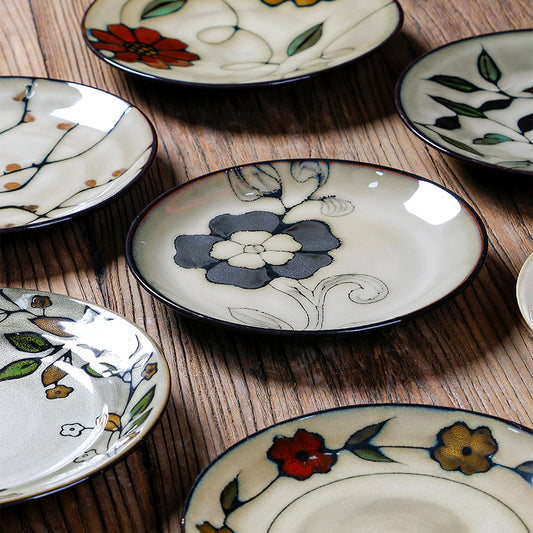 Sale Export Ceramic Plate Japanese Style Dinner Plate Vintage Round Flat Plate 8 Inch Underglaze Color Dish Plate Household Shallow Plate