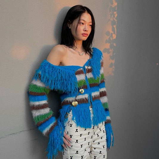 Y2K blue striped contrast one-shoulder knitted cardigan 2026 fall/winter new hot girl fringe design sweater