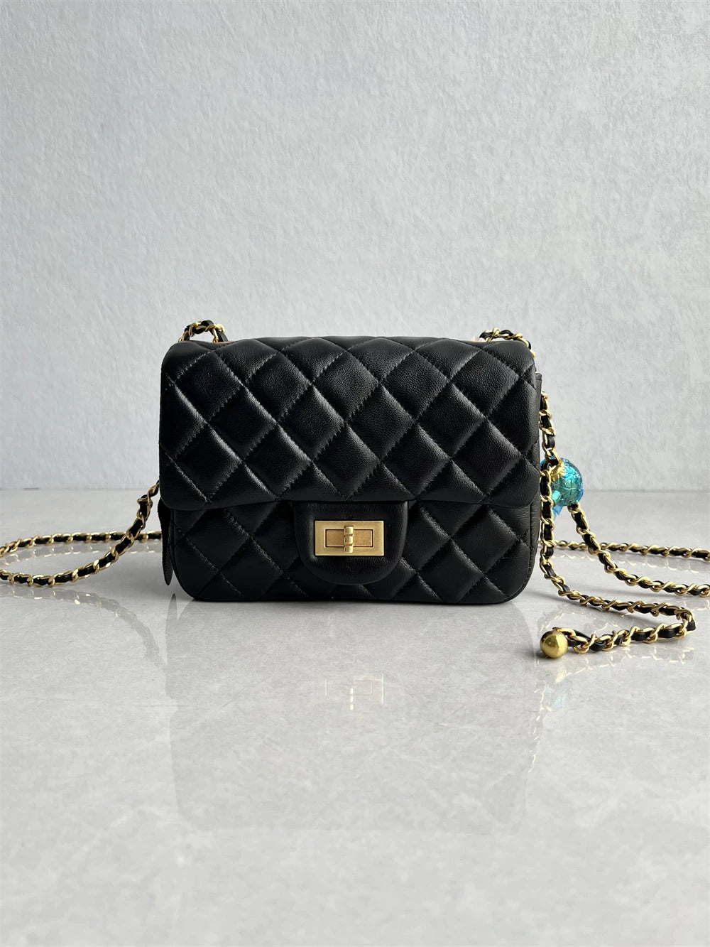 High quality top layer sheepskin small fragrance style small gold ball diamond check chain bag genuine leather classic square fat one shoulder crossbody woman