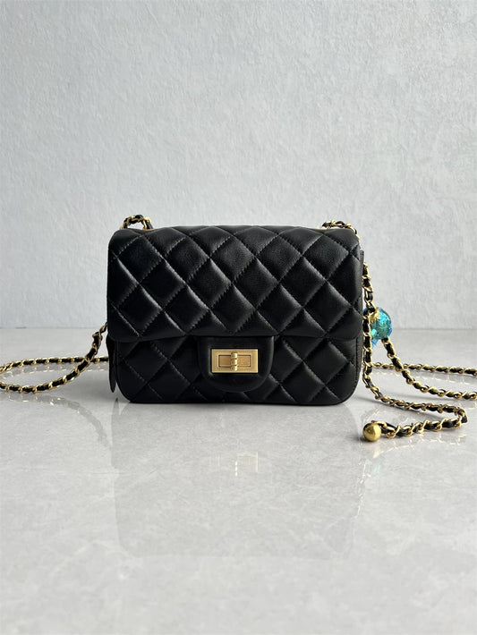 High quality top layer sheepskin small fragrance style small gold ball diamond check chain bag genuine leather classic square fat one shoulder crossbody woman