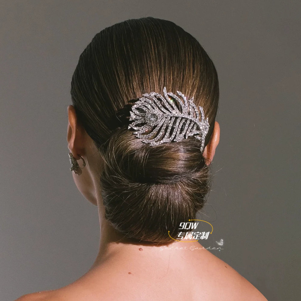 9QW flash light luxury high-end feather headdress, super fairy, high-value high-end hair accessories, elastic clip hairpin on the back of the head