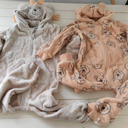 Foreign trade original single autumn and winter children's home one-piece coral velvet plush thickened plush cartoon hooded pajamas