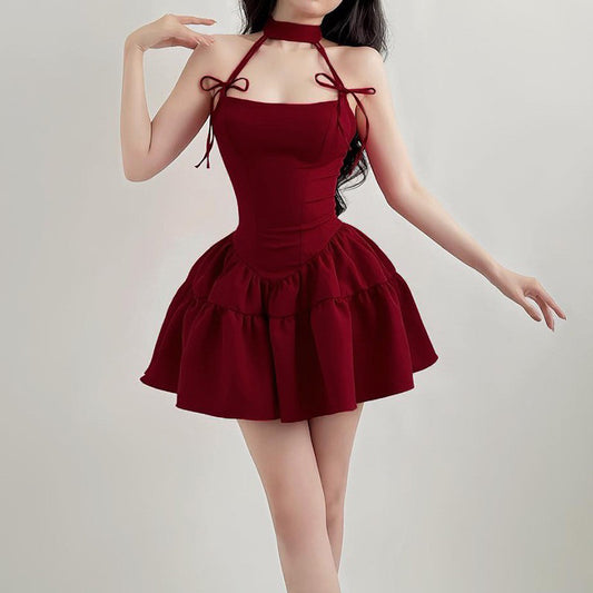Coco Witch new sexy pure desire hot girl ballet style red bow halterneck dress puffy skirt girl
