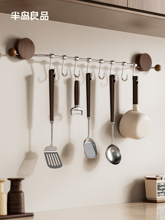 Kitchen hook suction cup, no punching required, hanging rod, storage rack, spatula, spoon special, multi-functional row of hanging racks, walnut