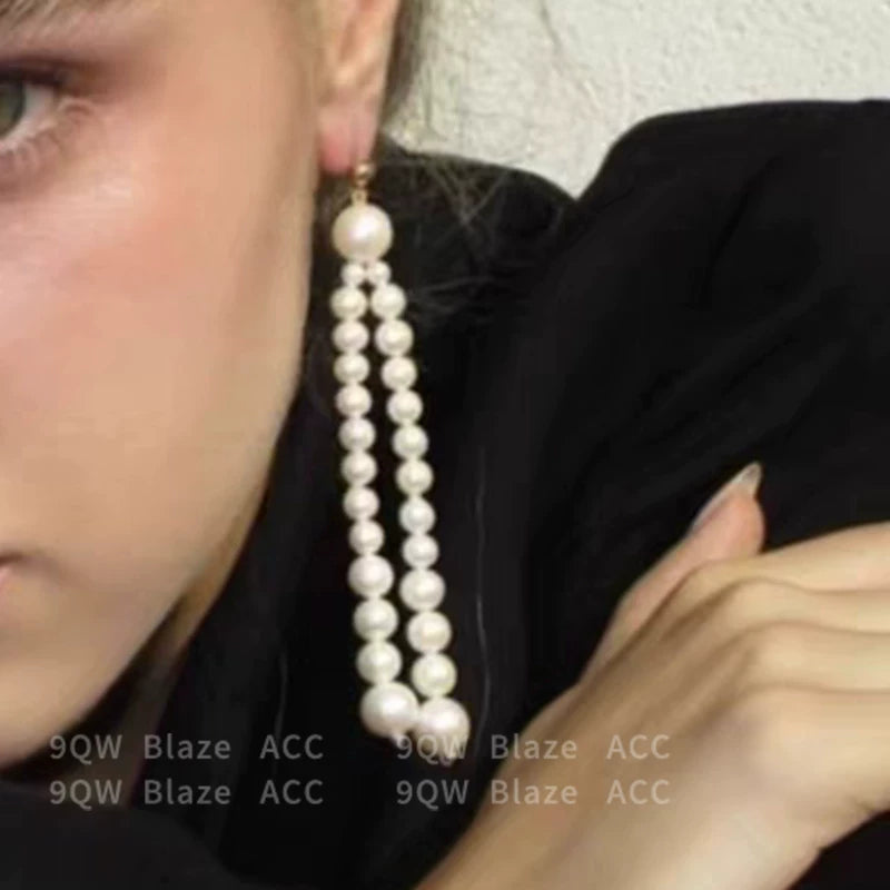 9QW double-sided pearl beaded tassel long 925 silver needle draped earrings women's temperament European and American earring jewelry trend