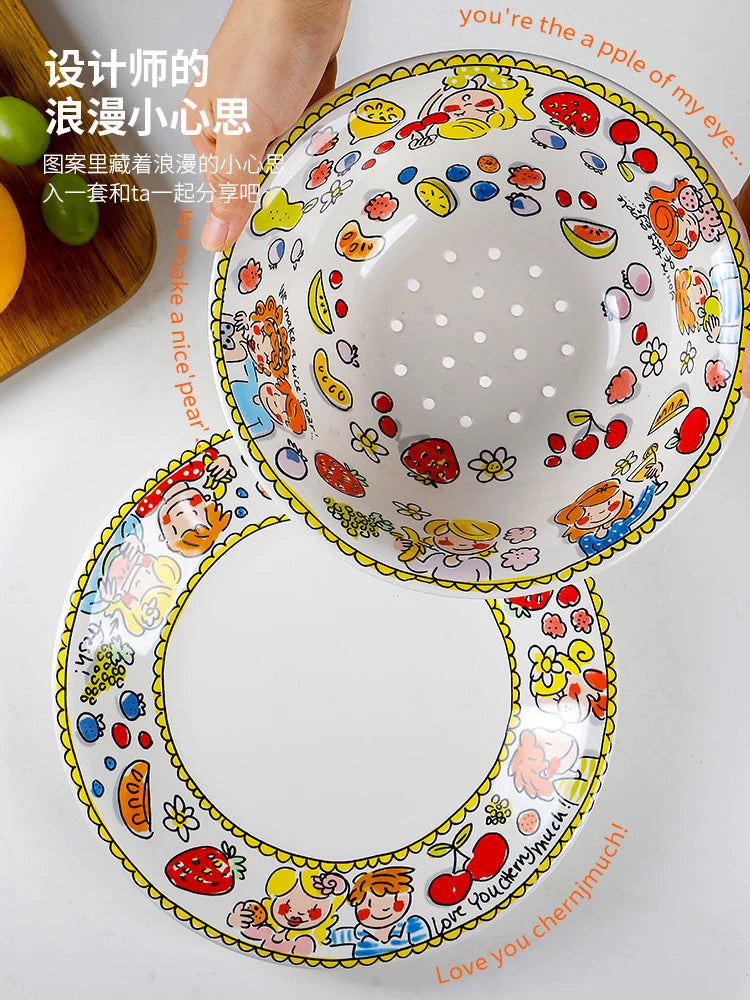 OMK Creative Ceramic Fruit Bowl High Value Strawberry Bowl Home Living Room Fruit Tray Drainer Set Cute Cartoon