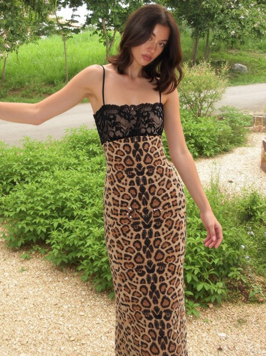 European and American lace spliced leopard print sequin slip dress 2026 summer new hot girl slim hip long skirt for women