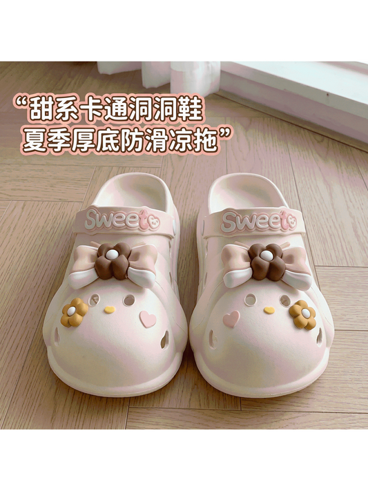 Cute sweet knot sandals women's summer thick sole heightened, breathable non-slip commuter outside hole shoes women's sandals