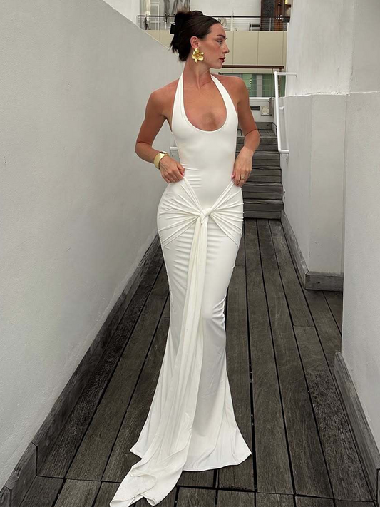 Solid color high-end halterneck dress island resort style waist strap hip wrap fishtail sexy backless long skirt woman