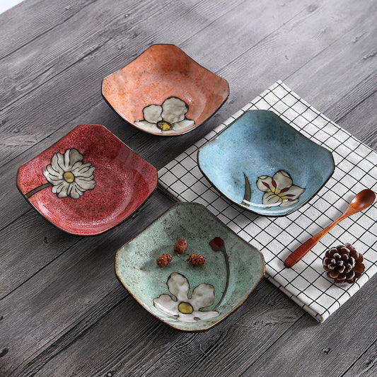 OMK Creative Square Small Plate Vintage Warped Corner Home Use 7 Inch Square Plate Kiln Glazed Personalized Restaurant Cold Dish Plate