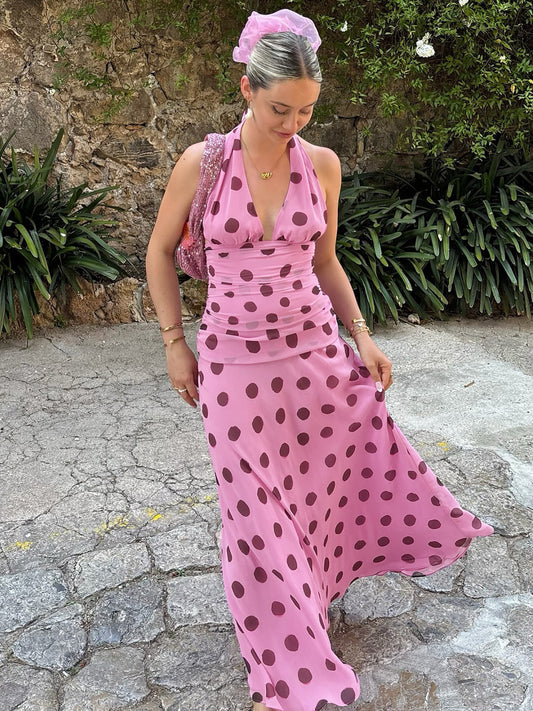 French vintage polka dot print halterneck strap slip dress resort style sexy backless double mesh maxi dress