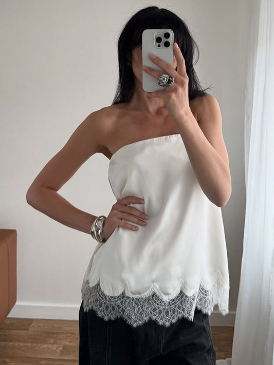 French solid color high-end lace lace bandeau top temperament satin loose slimming versatile short T-shirt summer