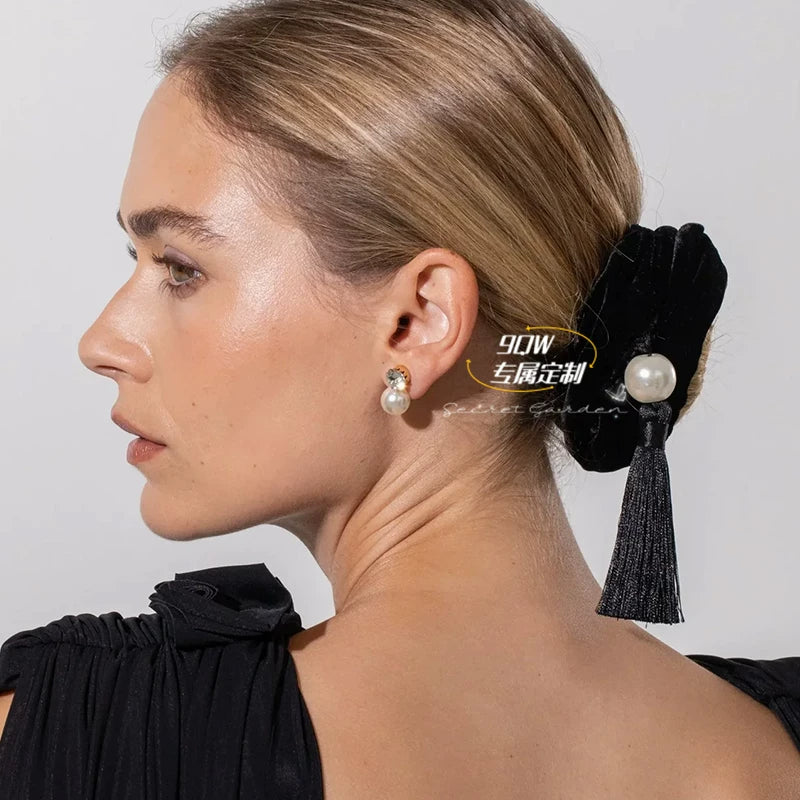 9QW new European and American style retro high-end feeling ball head Chinese pearl tassel scrunchie hair ornament less hair volume head rope